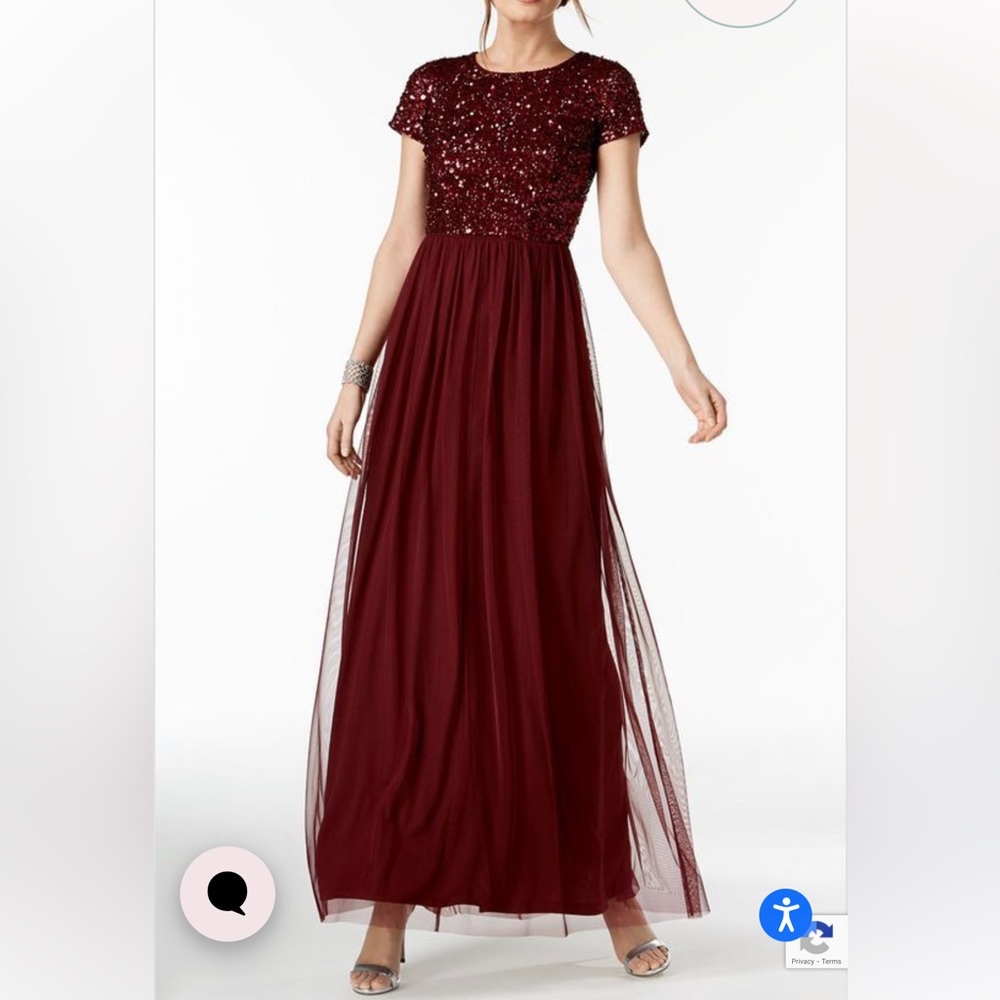 Adrianna Papell Sequin & Tulle Short Sleeve Maxi Gown Burgundy Wine Modest 6 - Picture 2 of 6